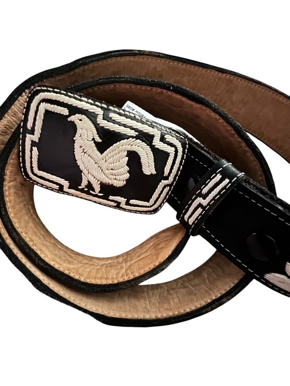 Vintage Rooster Belt Embroidered Buckle Leather Rockabilly Black White XL